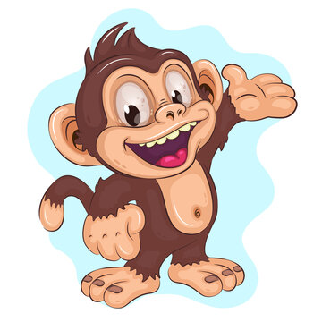 Cute Cartoon Monkey. Children's illustration of a cute monkey holding his hand up in greeting. Cartoon mascot. Positive and unique design. Children's illustration. 