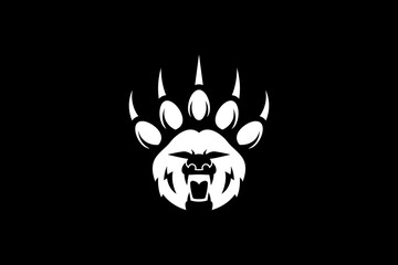 Bear paw claw vector logo with angry bear face head - obrazy, fototapety, plakaty