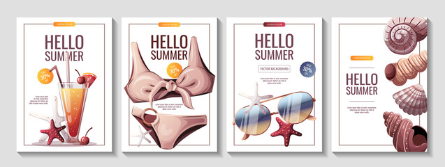 Set of summer flyers for beach Holidays, Summer sale, party concept. Cocktail, bikini, sunglasses, seashells. A4 Vector Illustrations. Banner, flyer, poster, advertising.