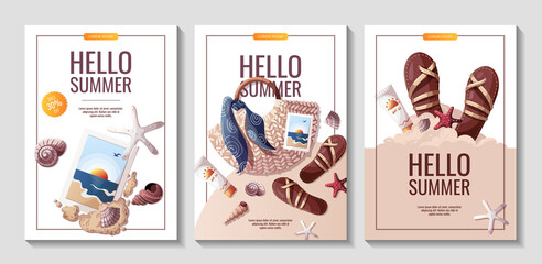 Set of summer flyers for beach Holidays, Summer sale, party concept. A4 Vector Illustrations. Banner, flyer, poster, advertising.