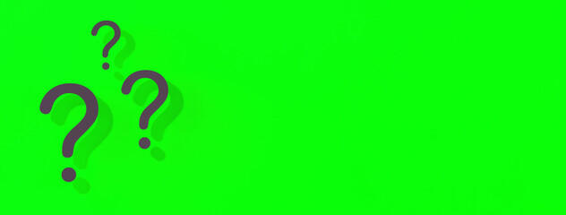 Question marks with shadow on yellow background.Technical support. Answers to questions. Banner for insertion into site. Place for text cope space. Horizontal image. 3D image. 3D rendering.
