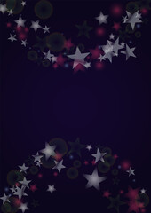 Fototapeta na wymiar Vector Magical Glowing Background with Silver and Purple Falling Stars on Black. Sparkle Star Night Design. Glittery Confetti Frame.