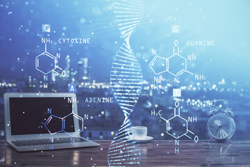 Desktop computer background and DNA drawing. Double exposure. Science concept.