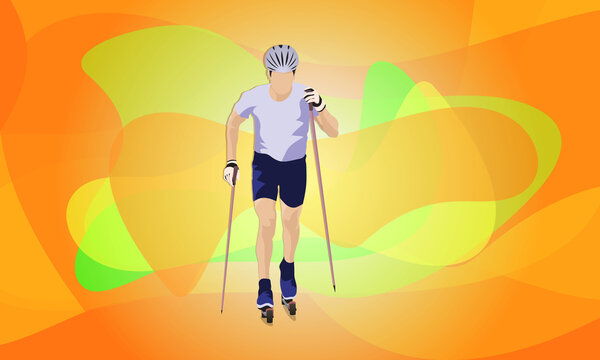 An athlete runs on roller skates with ski poles in his hands. Abstract background.