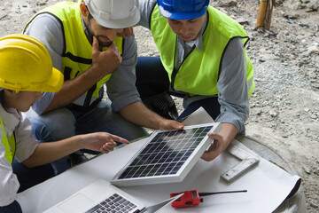 Real estate construction project meeting on a table made of concrete mixer bucket. Human hands,...