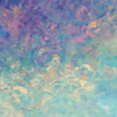 Fototapeta na wymiar 春の油絵背景）パレットナイフペインティング・青系カラフル正方形バナー　抽象的な風景・空と花と野原