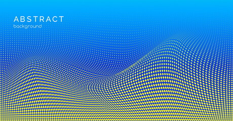 Halftone wavy abstract vector background. Blue gradient yellow dotted texture. Modern technology backdrop with copy space for text