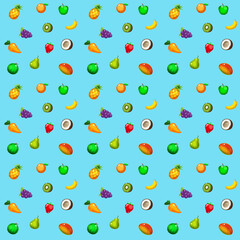 juicy fruity summer seamless pattern on color background with various fruits and berries