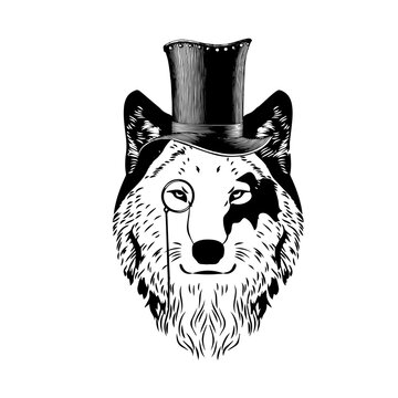 Isolated illustration of a wolf with a hat and goggles in steampunk style. Vintage clipart for banners, posters, logos.