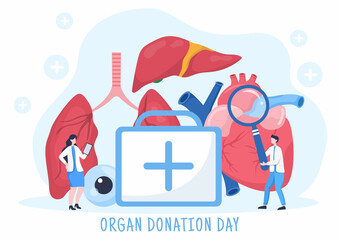 Fototapeta na wymiar World Organ Donation Day with Kidneys, Heart, Lungs, Eyes or Liver for Transplantation, Saving Lives and Health Care in Flat Cartoon Illustration