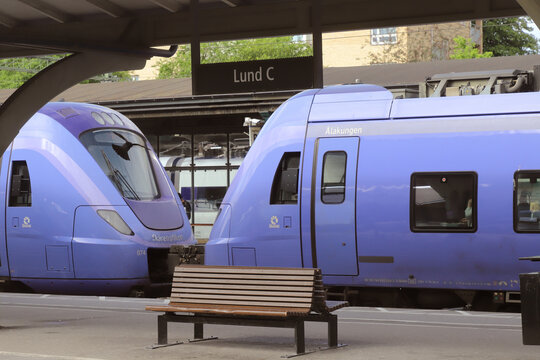 Lund, Sweden - June 15, 2022: Commuter train of class X61 in service for the Skanetrafiken calling at the Lund Central station.