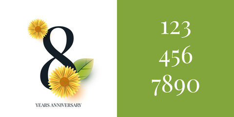 Set 8 years anniversary with floral flowers background