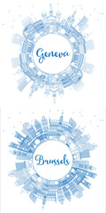 Outline Brussels Belgium and Geneva Switzerland City Skyline Set.