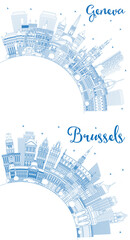 Outline Brussels Belgium and Geneva Switzerland City Skyline Set.