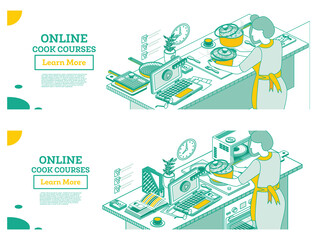 Isometric Online Cook School. Woman Cooking Soup on the Electric Stove. Culinary Course.