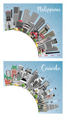 Philippines and Canada City Skyline Set with Gray Buildings, Blue Sky and Copy Space.