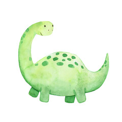 Cute little green baby dinosaur barosaurus. Watercolor drawing illustration isolated on white background.
