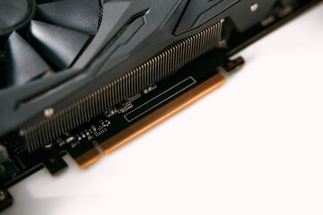 Close up of PCI Express male expansion slot. Macro shot of a modern graphics card port