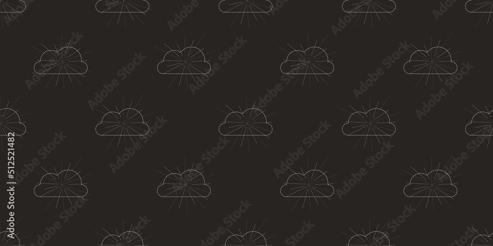 Poster black and white rows of round cloud silhouettes, outline shapes pattern, design on dark background, 