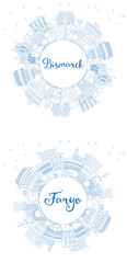 Outline Fargo and Bismarck North Dakota City Skyline Set with Blue Buildings and Copy Space.