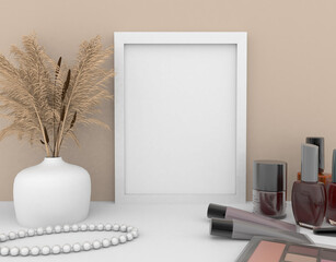 Mockup Picture frame on a shelf with Cosmetic utensils, 3D rendering, 3D illustration