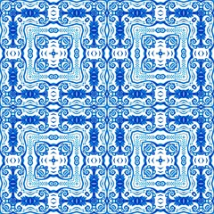 Blue white watercolor azulejos tile background. Seamless coastal geometric floral mosaic effect. Ornamental arabesque all over summer fashion damask repeat