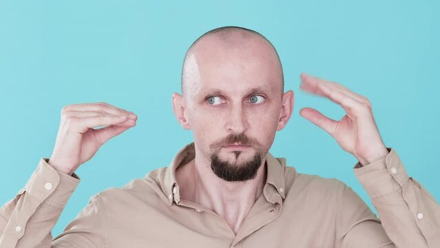 Rumor talk. Inner voice. Social influence. Boomerang animation. Intuition choice. Curious man listening speaking hands sharing secret whispering gif loop isolated on blue.