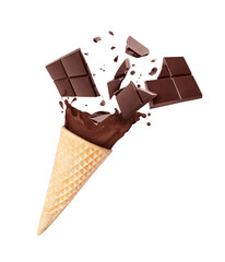 Splashes of ice cream with crushed bar of chocolate isolated on a white background