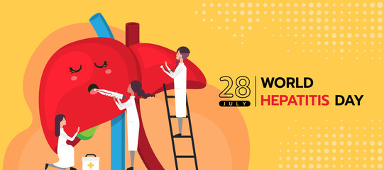 world hepatitis day - Doctors are helping to check health  the liver on yellow background vector design - obrazy, fototapety, plakaty