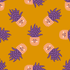 Hand drawn cute succulent house plants in pots, vector seamless pattern for fabric, wallpapers