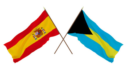 Background for designers, illustrators. National Independence Day. Flags Spain and Bahamas