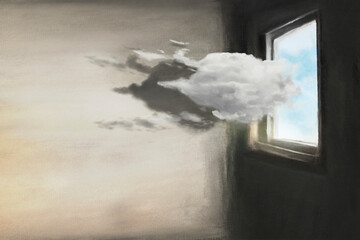 surreal curious cloud enters from a window of a house