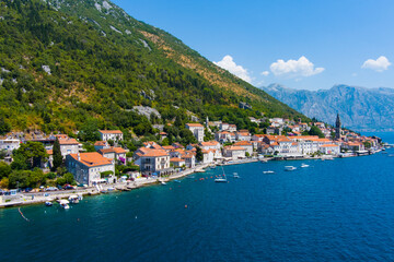 Naklejka premium Perast. An ancient town in Montenegro on the shores of the Bay of Kotor of the Adriatic Sea. Drone. Aerial view