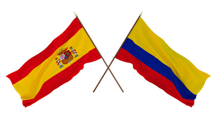 Background for designers, illustrators. National Independence Day. Flags Spain and Colombia