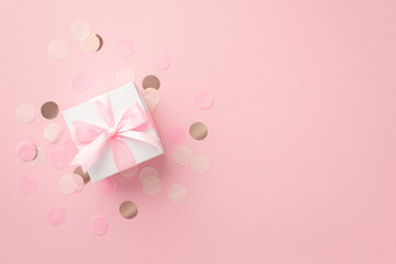 Baby concept. Top view photo of white giftbox with ribbon bow and shiny confetti on isolated pastel pink background with copyspace