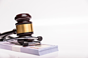 Concept of compensation for medical error in the application of treatment. White background.