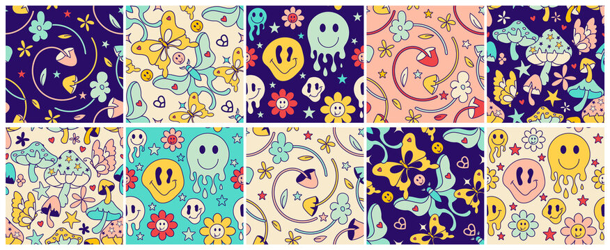 Groovy Hippy Seamless Patterns With Trippy Symbols, Fun Mushrooms, Heart Shaped Peace Symbol, Daisy Flowers.Set Of Vector Backgrounds, Trendy 60s, 70s Retro Hippie Style. Crazy Positive Vibrant Art.