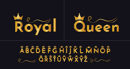 Queen logo gold with alphabet capital letters vector set.