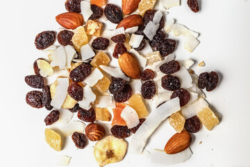 Fruit and nut dry mix. Healthy food. Background. Photo