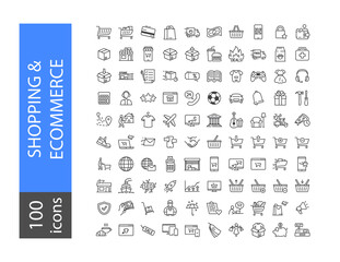 Set of Shopping and Ecommerce Line Icons. Contains such Icons as Delivery Service, Coffee Break, SEO, Cart, Email Marketing, Website, Werehouse, Start Up etc. Editable stroke 64X64 Pixel Perfect