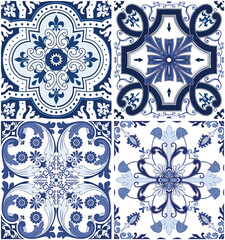 Vintage blue tiled wall and floor with unique mixed design pattern.