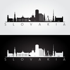 Naklejka premium Slovakia skyline and landmarks silhouette, black and white design, vector illustration.