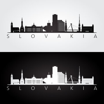 Slovakia skyline and landmarks silhouette, black and white design, vector illustration.