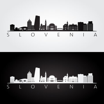 Slovenia skyline and landmarks silhouette, black and white design, vector illustration.