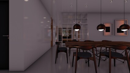 dinning room design interior inspiration with hanging lamp and rack 3d illustration