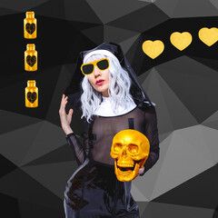 Sexy Party blonde model in a nun costume. Role-playing games, halloween, adult shop concept....