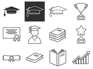 Education icons set. Detailed set of education element icons book, graduation cap, magazine, up arrows, graduation hat, diploma