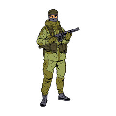 Military volunteer in balaclava with gun, vector, logo, cartoon, illustration,  mascot, character