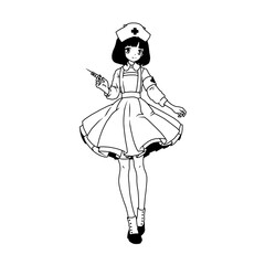 Cute nurse in retro uniform with syringe, cartoon, mascot, character, illustration, vector