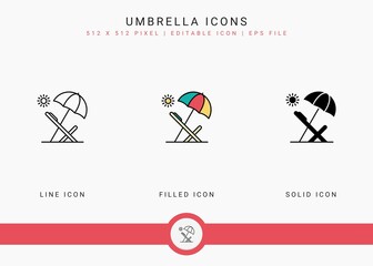 Umbrella icons set vector illustration with solid icon line style. Sunscreen shield concept. Editable stroke icon on isolated white background for web design, user interface, and mobile application